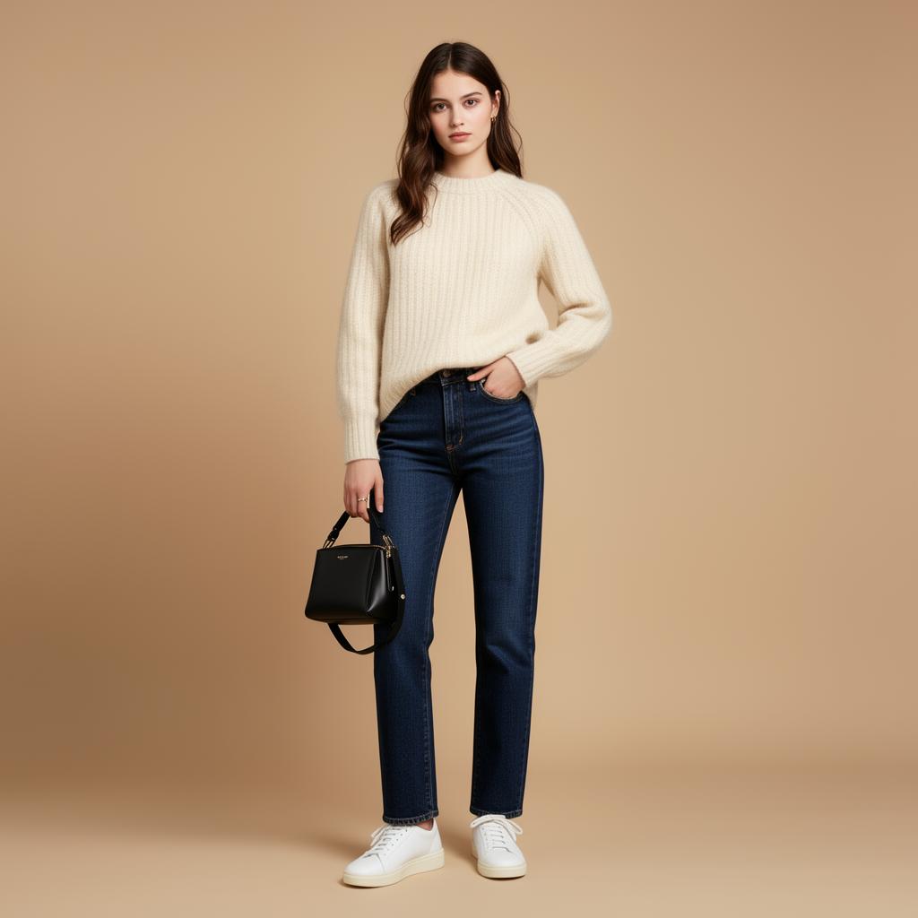 AI model wearing Quiet Luxury Coffee Run